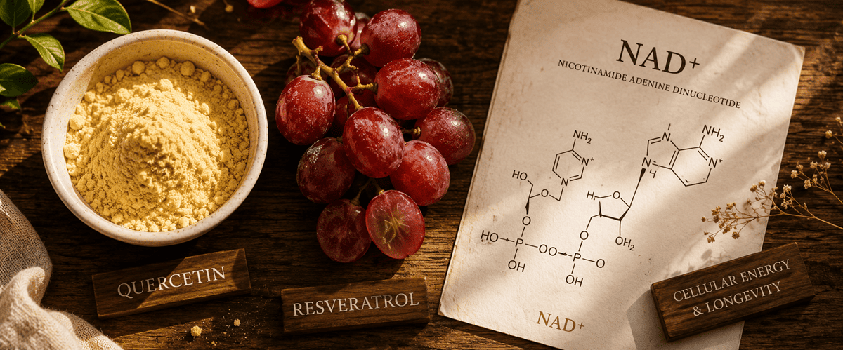 Quercetin powder, resveratrol grapes and NAD+ molecule — the longevity trio