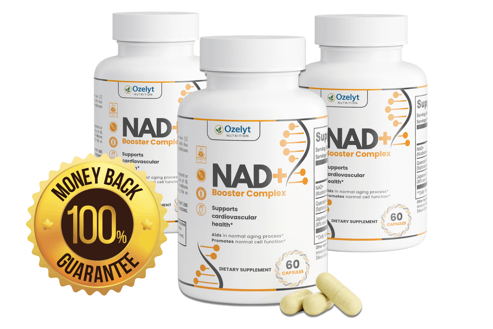 3 bottles of NAD+ Booster Complex with 100% money back guarantee badge