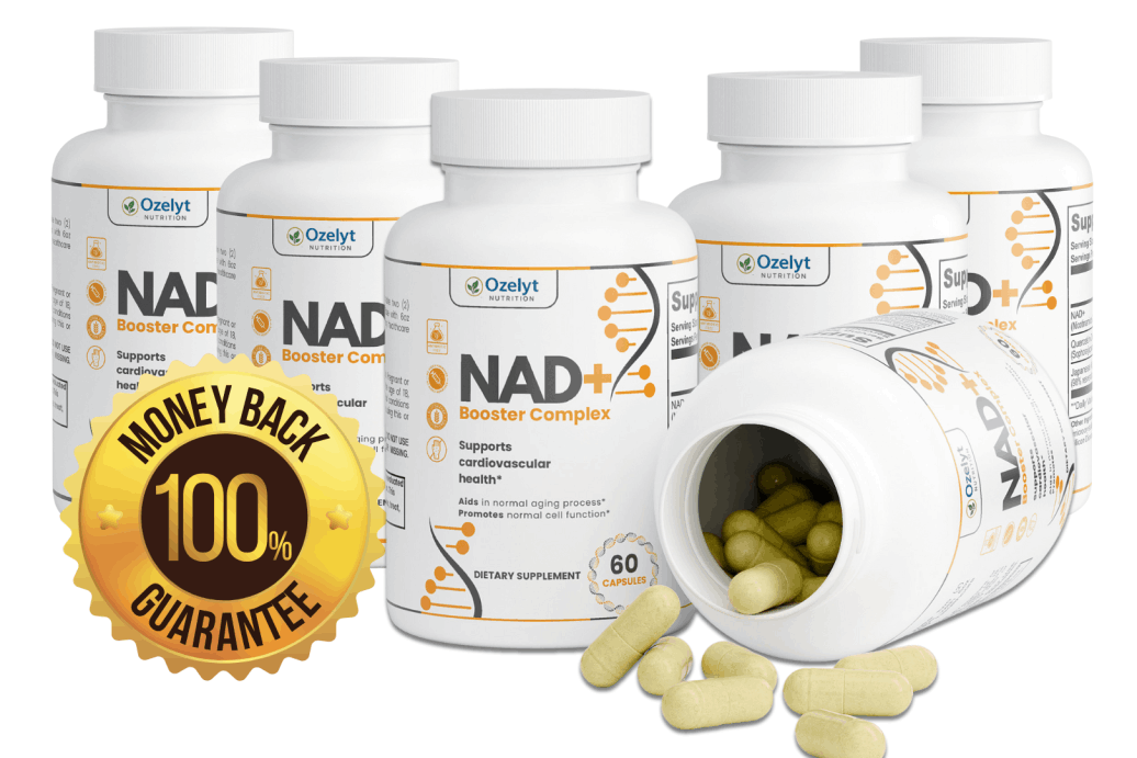 6 bottles of NAD+ Booster Complex with 100% money back guarantee badge