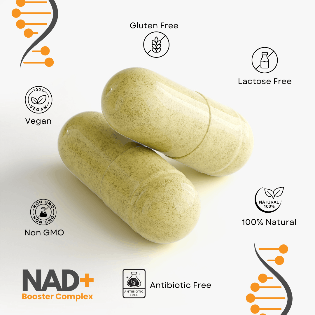 NAD+ Booster Complex features: gluten free, lactose free, vegan, non-GMO, 100% natural, antibiotic free