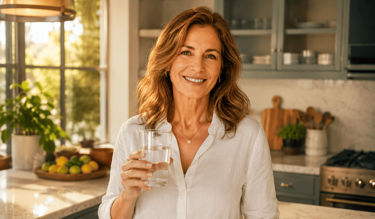 Vibrant woman holding glass of water — feeling energized with NAD+ support
